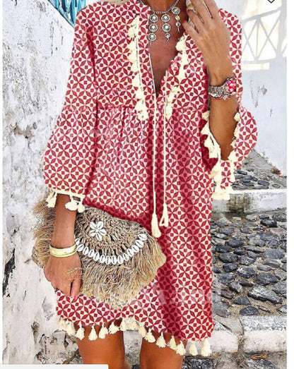 Variant image for Dam Klänning V-ringad Blommönster A-linjeformad Polyester med Fransar-6