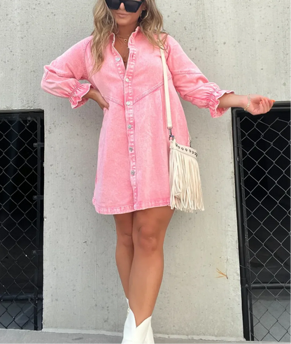 Dam Denimklänning Klassisk Stil Högkvalitativ Denim-3