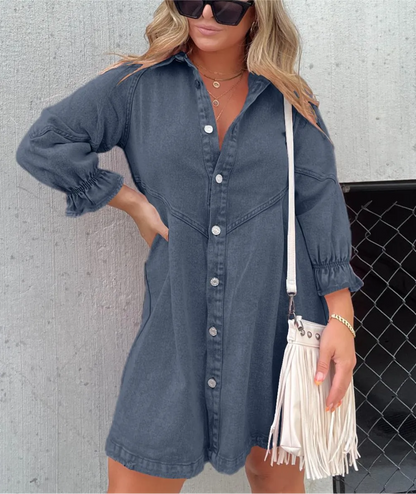 Dam Denimklänning Klassisk Stil Högkvalitativ Denim-5