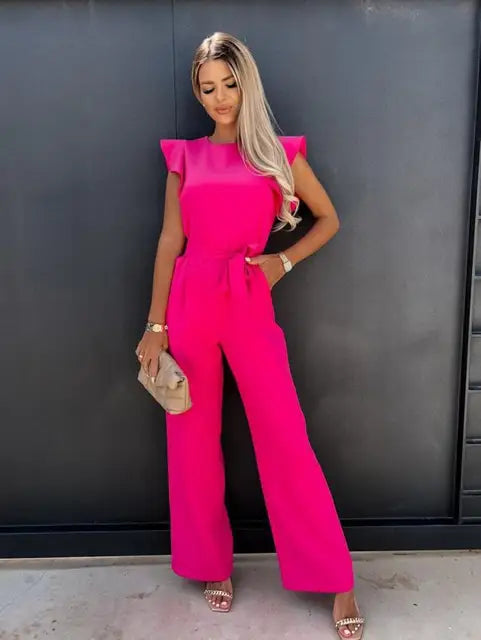 Dam Jumpsuit Med Ruffles och Bälte Polyester Elegant Stil 10