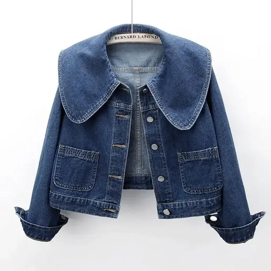 Dam Jeansjacka Kort Skuren Denim med Sjömanskrage och Avslappnad Passform-1