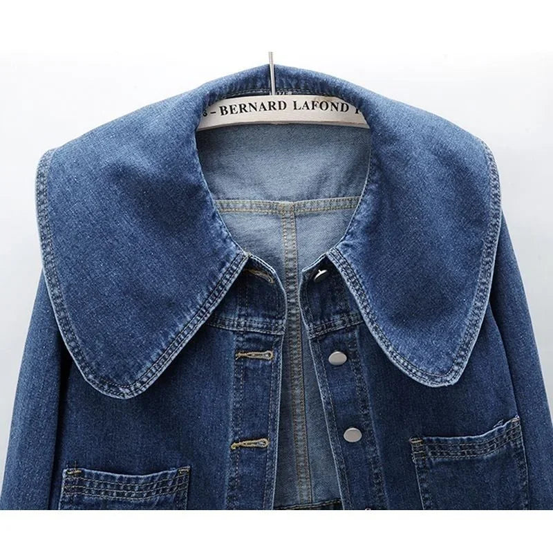Dam Jeansjacka Kort Skuren Denim med Sjömanskrage och Avslappnad Passform-4