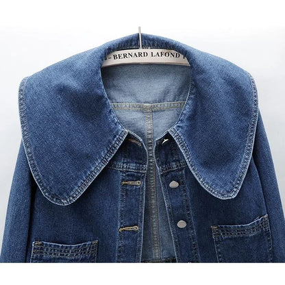 Dam Jeansjacka Kort Skuren Denim med Sjömanskrage och Avslappnad Passform-4