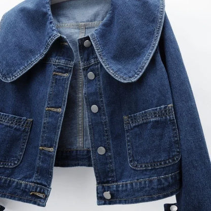Dam Jeansjacka Kort Skuren Denim med Sjömanskrage och Avslappnad Passform-5