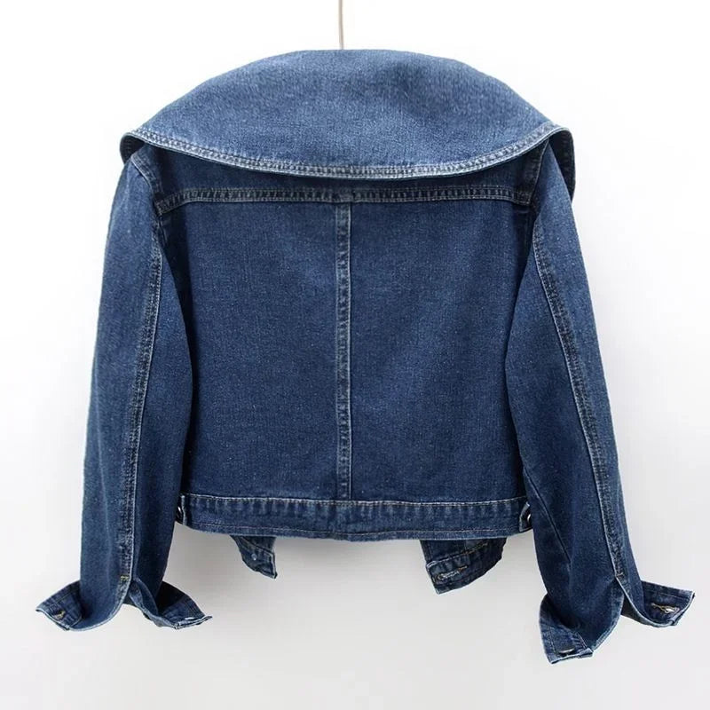 Dam Jeansjacka Kort Skuren Denim med Sjömanskrage och Avslappnad Passform-3