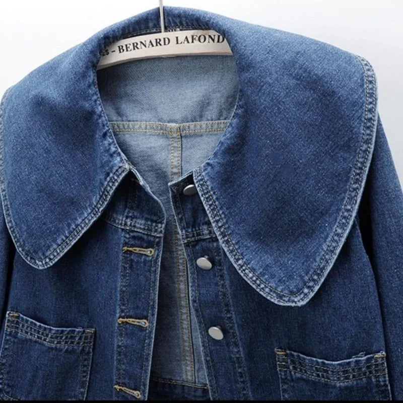 Dam Jeansjacka Kort Skuren Denim med Sjömanskrage och Avslappnad Passform-6