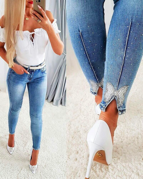 Dam Skinny Jeans Distressed Butterfly Design Cotton Blend-1