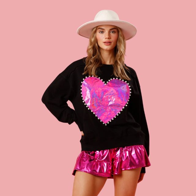 Dam Stickad Tröja Med Hjärta Applikation Tjockt Material-2