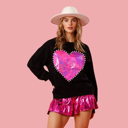 Dam Stickad Tröja Med Hjärta Applikation Tjockt Material-2