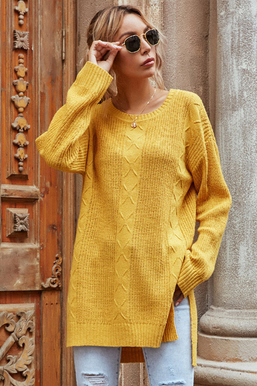 Dam Stickad Kortärmad Tröja med Sidoslits Polyester 1