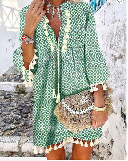 Dam Klänning V-ringad Blommönster A-linjeformad Polyester med Fransar-5