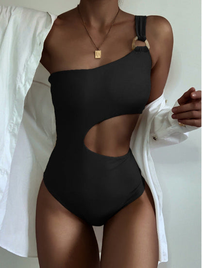 Asymmetrische Damen Baddräkt mit Modernen Musterdetails – Elastisches Material, Smickrande Passform, Ideal für Strand und Pool 1