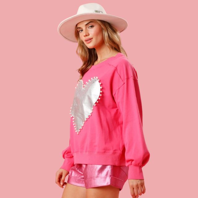 Dam Stickad Tröja Med Hjärta Applikation Tjockt Material-6