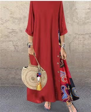 Maxi Klänning Dam Retro Blommor Rund Hals 100% Bomull Tre Fjärdedelar Ärmar-4