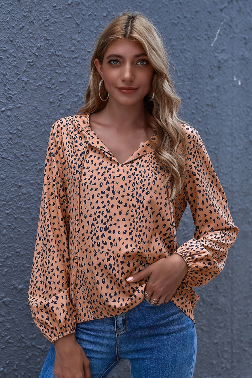 Dam Långärmad Topp V-ringad Polyester Leopardmönstrad-5