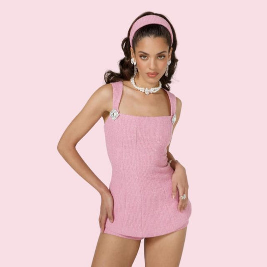 Dam Playdräkt Tweed Fyrkantig Halsringning Bredaxelband-1