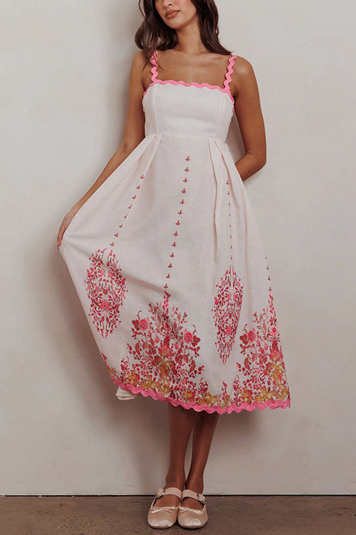 Kvinna Midi Klänning Blommönster Ric-Rac Detaljer Bomull Polyester-4