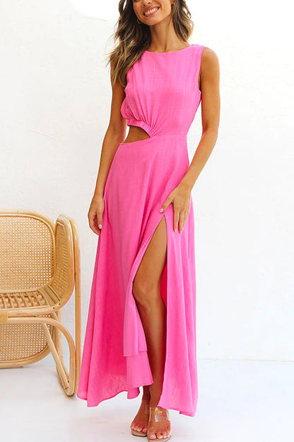 Variant image for Maxiklänning Dam Utskuren Midja Hög Slits Bomullsblandning-1