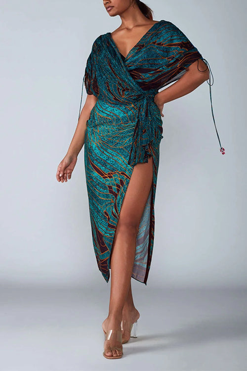 Kvinnors Midi Klänning V-ringning Fladdermusärmar Bomull Polyester-2