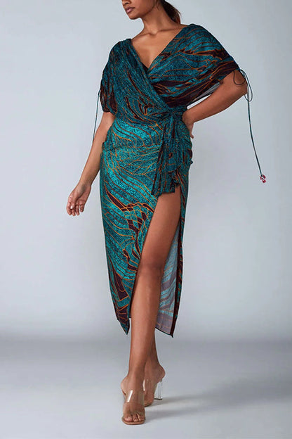 Kvinnors Midi Klänning V-ringning Fladdermusärmar Bomull Polyester-2