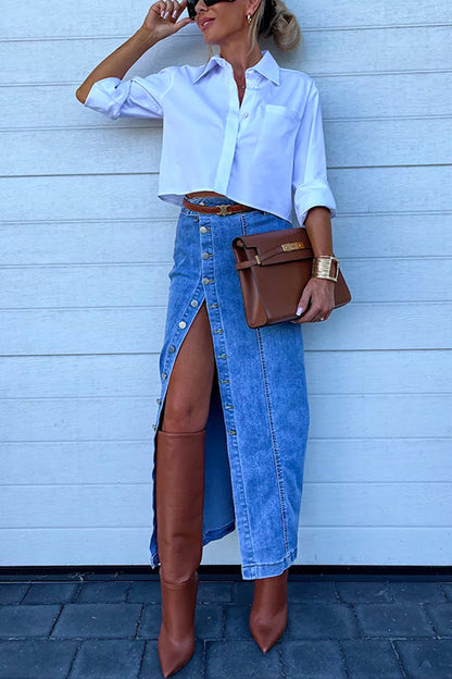 Dam Denimrock Hög Midja Slits Bomullsblandning-1