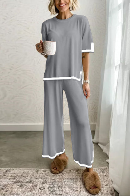 Dam Loungewear Set Kortärmad Topp Bred Ben Byxor Bomull Polyester-5