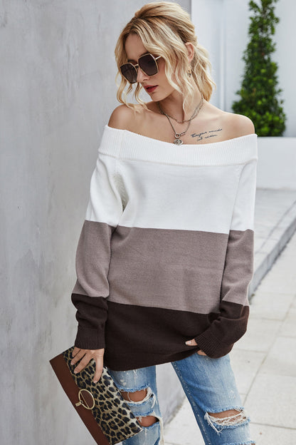 Variant image for Dam Pullover Off-the-Shoulder Färgblock Polyester Lång Ärme-1