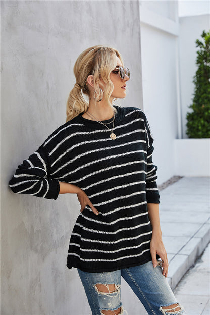 Dam T Shirt Patchwork Randig Spandex Rund Hals-6