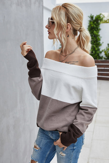 Dam Pullover Off-the-Shoulder Färgblock Polyester Lång Ärme-4