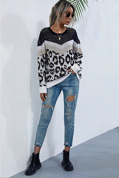 Dam Tröja Långärmad Lösa Passform Leopardmönster Polyester-6