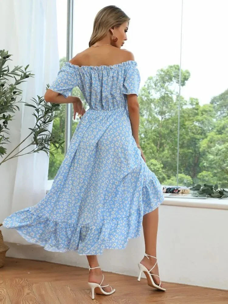 Dam Off-Shoulder Klänning Blommönster Bomull för Sommar och Fest-3