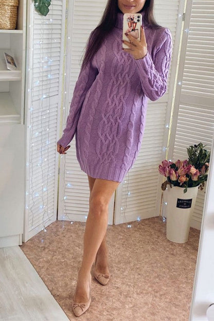 Fina Dam Klänningar Turtleneck Kabelstickad Akryl Lång Ärme-3