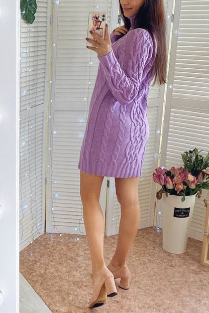 Fina Dam Klänningar Turtleneck Kabelstickad Akryl Lång Ärme-4