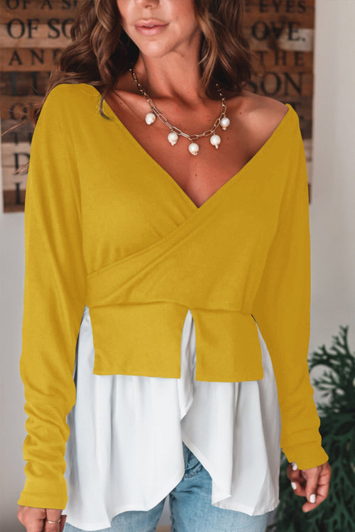 Asymmetrisk V-hals Topp för Dam i Polyester – Trendiga Festtoppar med Patchworkdesign, Långärmad 1