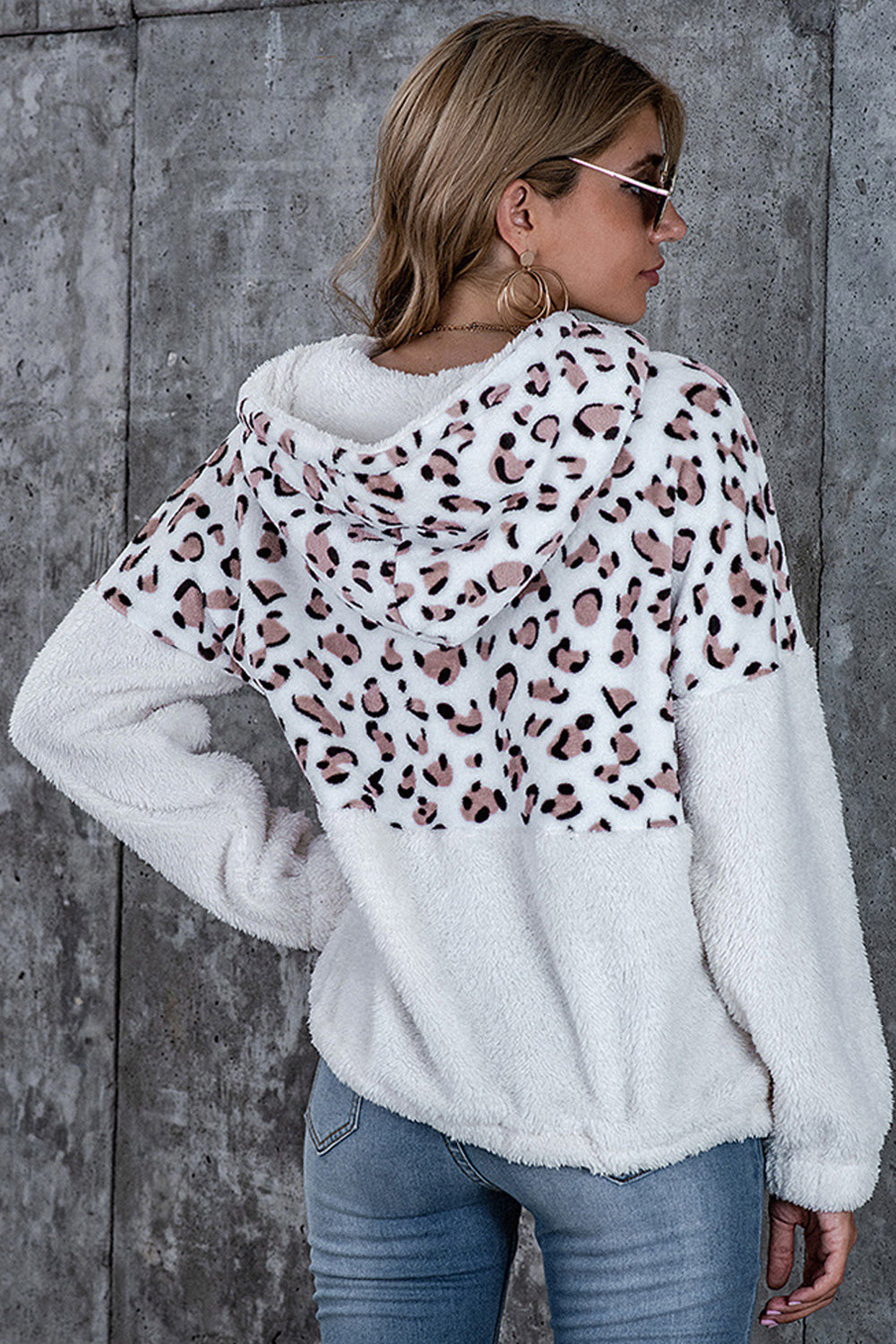 Dam Hoodie Leopardmönstrad Polyester med Dragkedja och Fickor-3