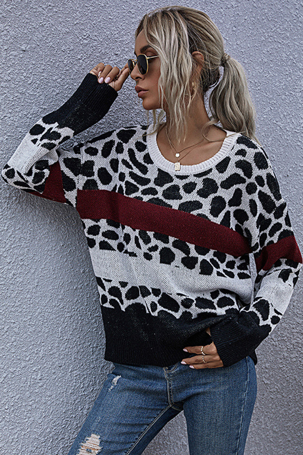 Dam Tröja Slim-Fit Kort Ärmar Polyester Leopardmönster-4