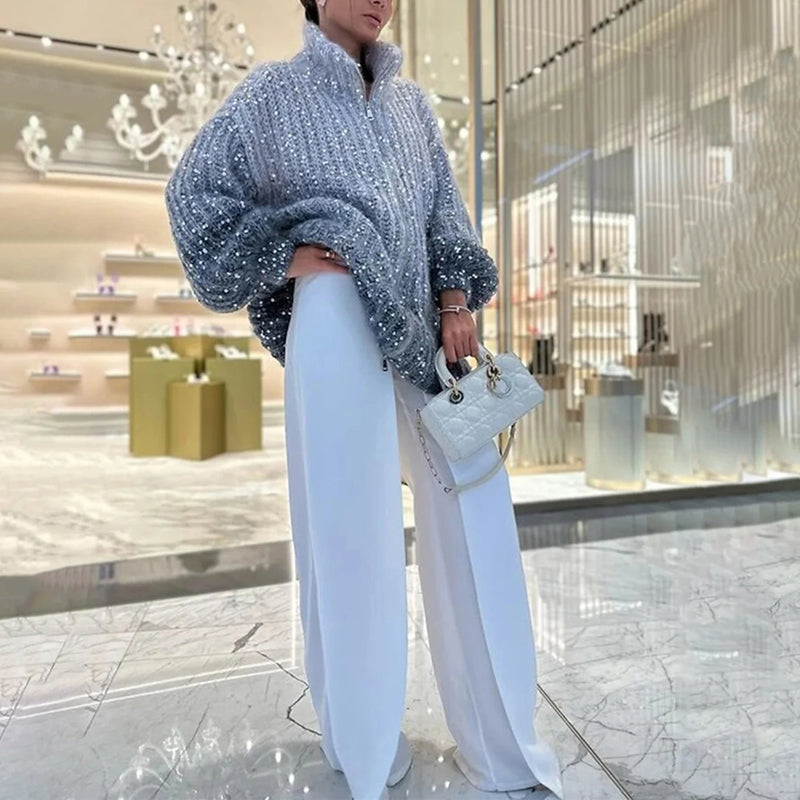 Damer Avslappnad Stickad Kofta Blandat Tyg-5