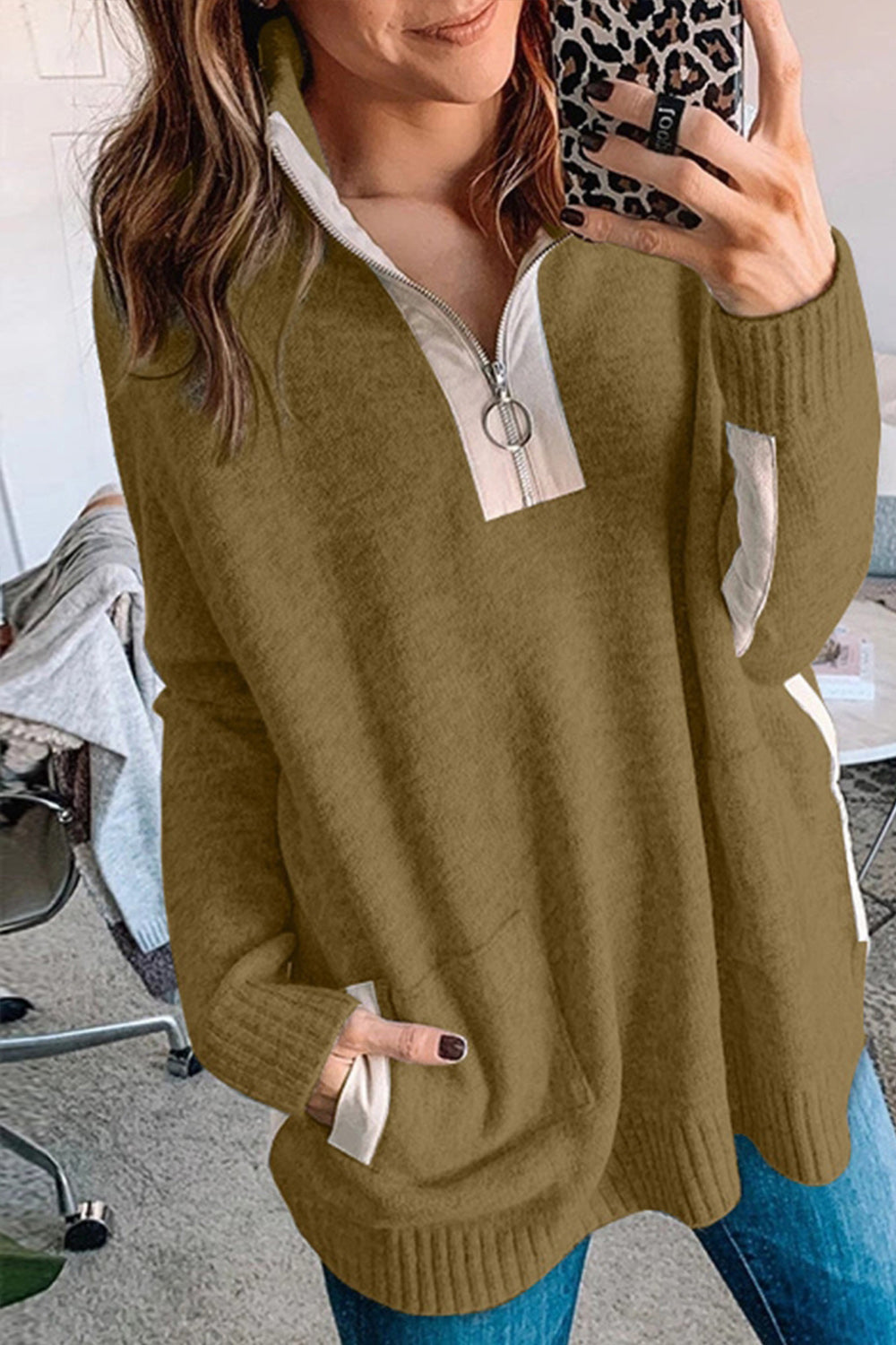 Dam Halv-Kardigan Färgblockad Polyester med Zipper och Ståkrage-4