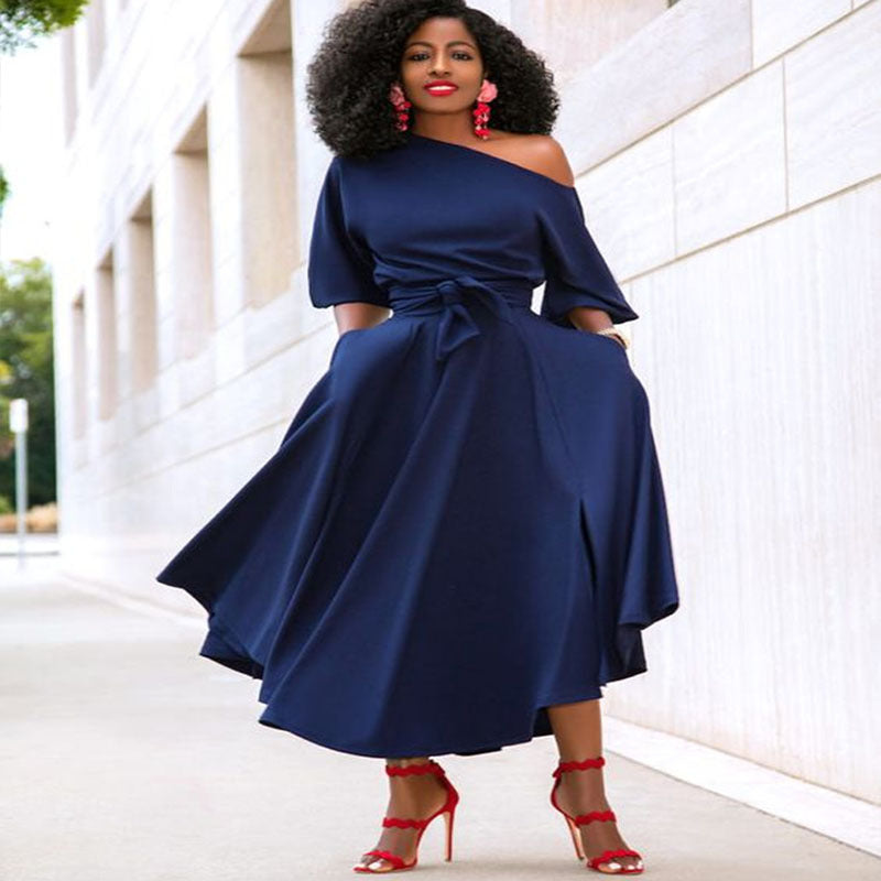 Kvinnors Midi Klänning Asymmetrisk Krage Chiffon-5