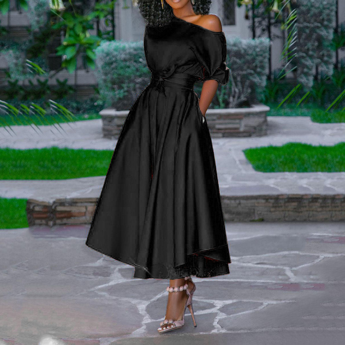 Variant image for Kvinnors Midi Klänning Asymmetrisk Krage Chiffon-17