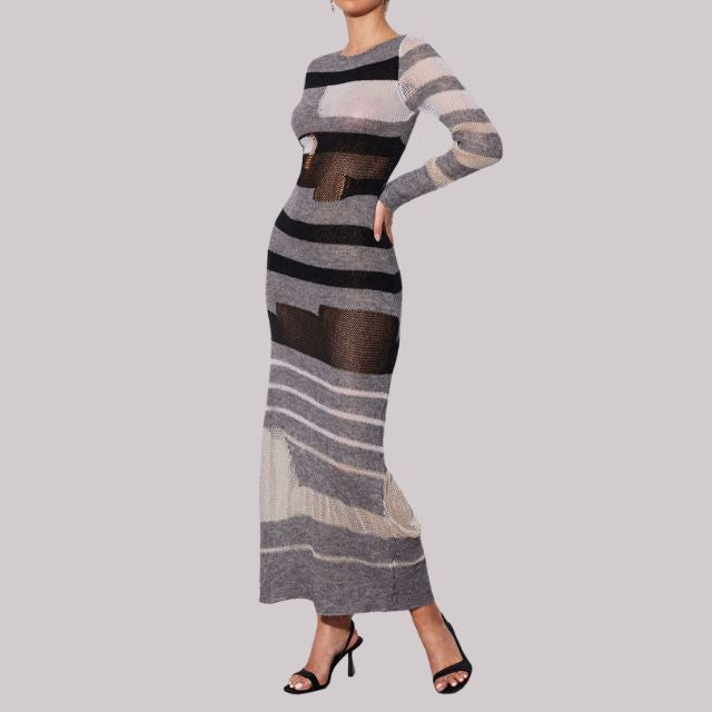 Dam Maxiklänning Randigt Mönster 100% Polyester Hög Midja-3