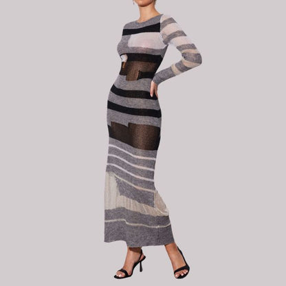 Dam Maxiklänning Randigt Mönster 100% Polyester Hög Midja-3