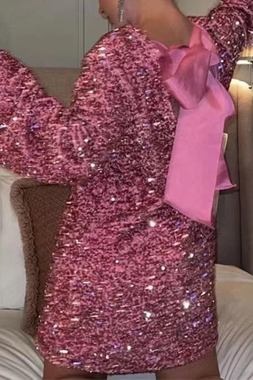 Kvinna Långärmad Klänning Paljett Mixad Bomull Polyester-3