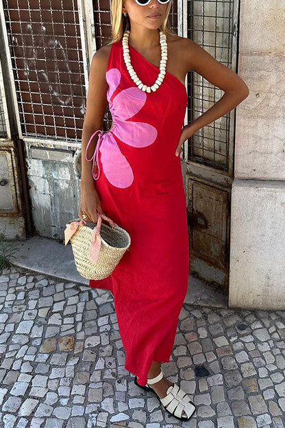 Maxiklänning Dam Asymmetrisk Blommönster Bomull Polyester-1