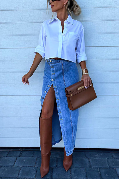 Dam Denimrock Hög Midja Slits Bomullsblandning-2