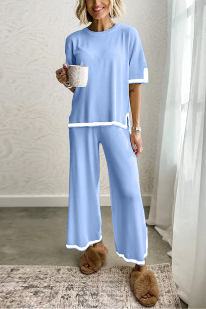 Variant image for Dam Loungewear Set Kortärmad Topp Bred Ben Byxor Bomull Polyester-17