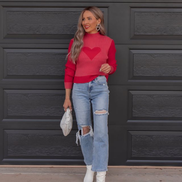 Dam Ribbad Sticktröja Hjärtdesign Akryl-3