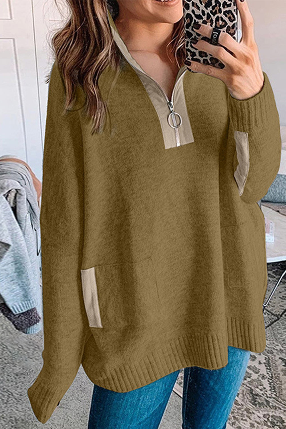 Dam Halv-Kardigan Färgblockad Polyester med Zipper och Ståkrage-5