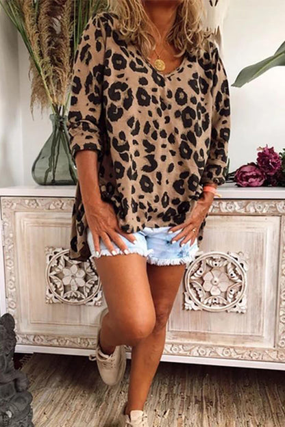 Dam V-Neck Topp Leopardmönster Polyester Lång Ärmar-2