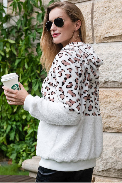 Dam Sweatshirt Fleece Leopardmönster Med Huva Patchwork-5